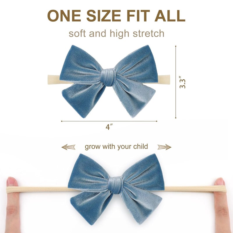 ONENINEDREAM 4'' Baby Velvet Gloss Bows Handmade Headbands Tied Bow Elastic Nylon Hair Accessories for Baby Girls Newborn Infant 3 Pcs Light Blue Aqua Pink - Image 3